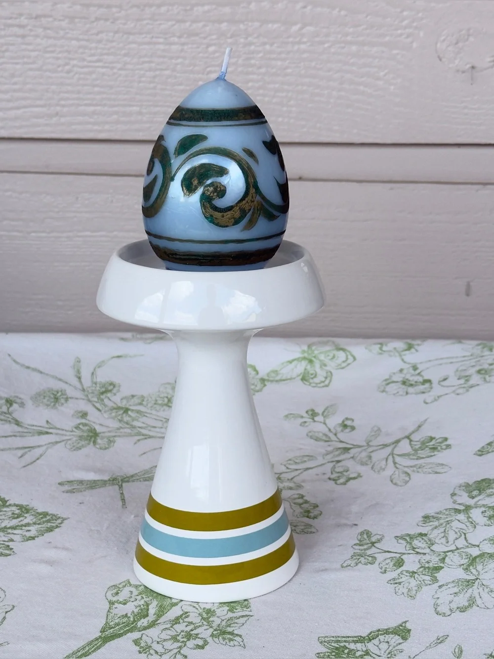 Jonathan Adler Happy Chic Ceramic Sky & Olive Striped Pillar Candle Holder